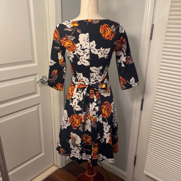 Like New Orange and Black Floral A-line Dress - Picture 2 of 3